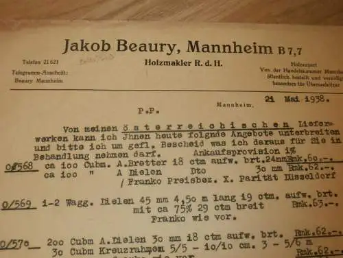 Jakob Beaury in Mannheim , 1938 , Holzmakler , Holzhandel , Holzbau , Holz , altes Dokument !!!
