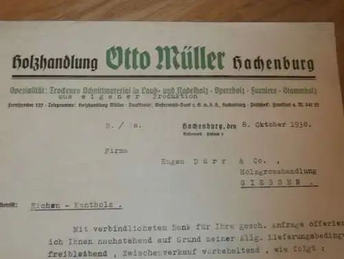 Otto Müller in Hachenburg , 1938 , Holzhandel , Holzbau , Holz , altes Dokument !!!