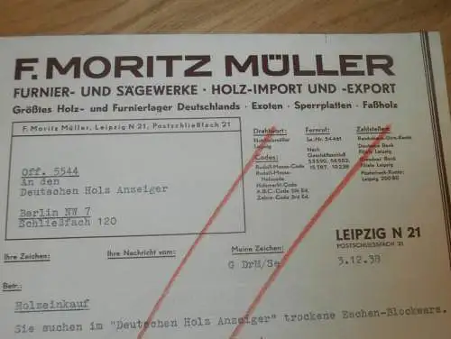 F. Moritz Müller in Leipzig , 1938 , Sägewerk , Holzbau , Holz , altes Dokument !!!
