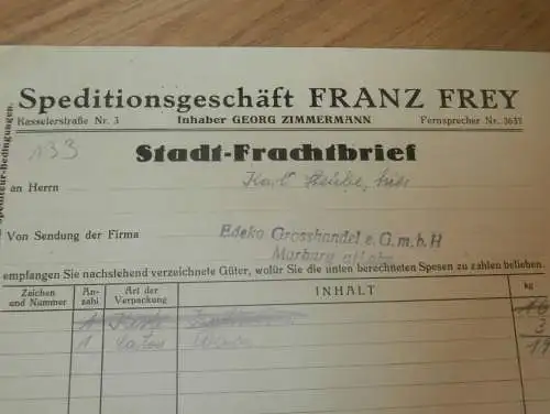 Stadt-Frachtbrief Spedition Franz Frey in Marburg a. Lahn , 1935 ,Edeka Grosshandel , Georg Zimmermann , altes Dokument
