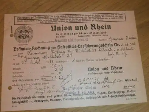 Union und Rhein Versicherung AG in Giessen / Gießen , 1939 , Hermann Röhrig in Giessen  , altes Dokument !!!