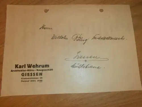 Karl Wehrum in Giessen / Gießen , 1936 , Architektur , Bau , Hochbau , altes Dokument !!!