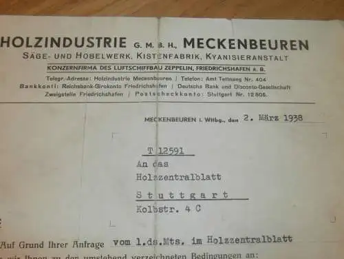 Holzindustrie Meckenbeuren , 1938 , Säge- und Hobelwerk , Holzbau , Holz , altes Dokument !!!