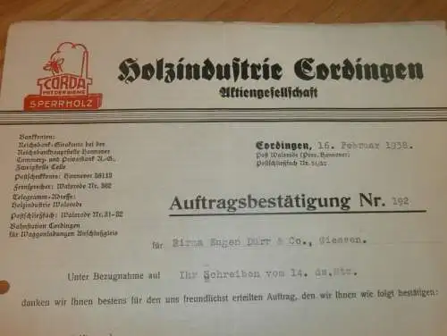 Holzindustrie Cordingen AG , 1938 , Post Walsrode b. Hannover , altes Dokument !!!