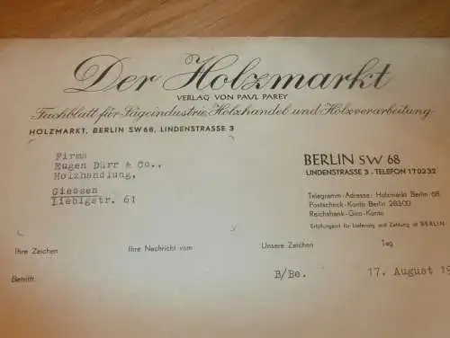 Der Holzmarkt von Paul Parey in Berlin , 1938 , Verlag für Holzhandel , Zeitschrift , altes Dokument !!!