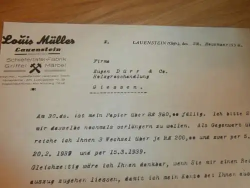 Louis Müller in Lauenstein i. Oberfranken , 1938 , Schiefertafelfabrik , Schiefer , altes Dokument !!!