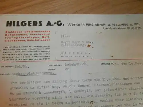 Hilgers AG in Rheinbrohl und Neuwied a. Rh. , 1938 , Holzbau , Brückenbau , altes Dokument !!!