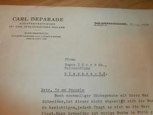 Carl Deparade in Bad Liebenwerda , 1938 , Holzvertretung , altes Dokument !!!