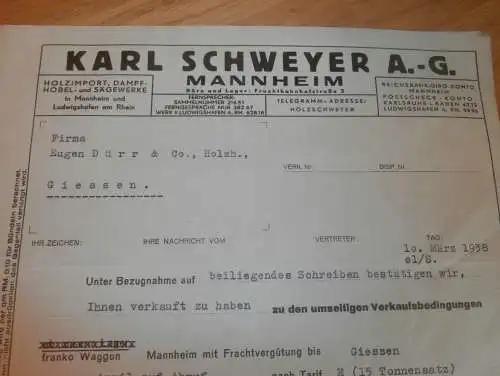 Karl Schweyer AG in Mannheim , 1938 , Holzimport , Dampfsägewerk , altes Dokument !!!