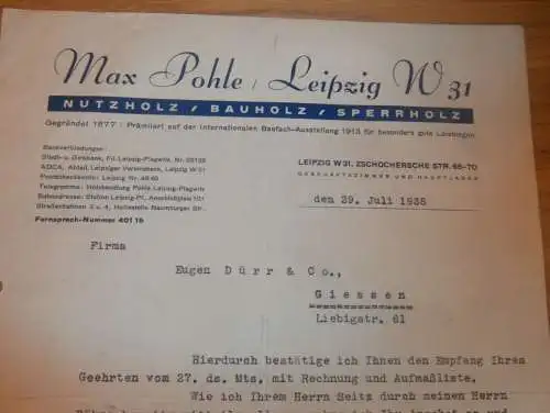 Max Pohle in Leipzig , 1938 , Nutzholz und Bauholz , Holzbau , altes Dokument !!!