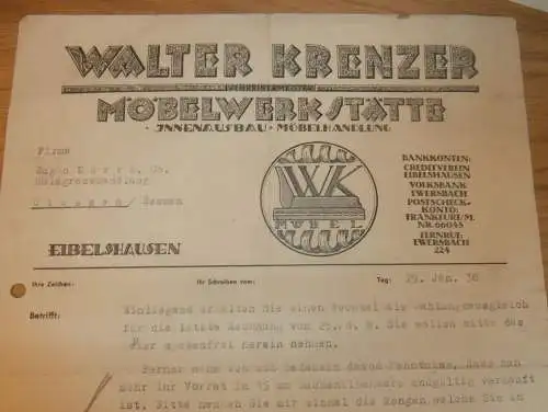 Walter Krenzer in Eibelshausen , 1938 , Möbel-Werkstatt , altes Dokument !!!