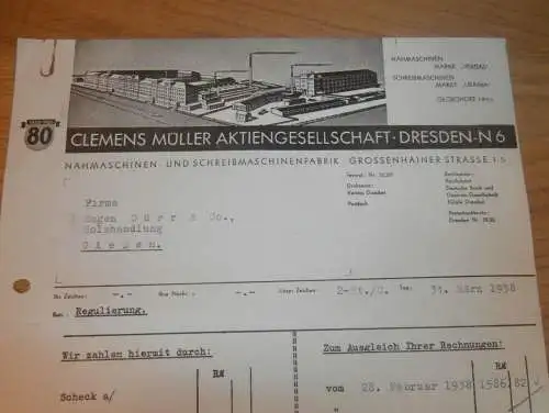 Clemens Müller AG in Dresden , 1938 , Schreibmaschinen und Nähmaschinen Fabrik , altes Dokument !!!