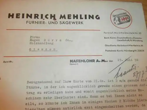 Heinrich Mehling in Hafenlohr a.M., 1938 , Sägewerk , altes Dokument !!!