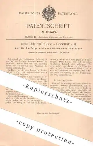 original Patent - Reinhold Dreibholz , Hoechst / Main | 1898 | Auf Radfelge wirkende Bremse für Fahrräder | Fahrrad Rad