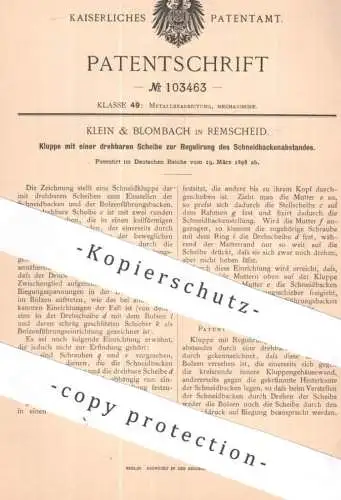 original Patent - Klein & Blombach | Remscheid | 1898 | Kluppe mit Schneidbackenabstand - Regulierung | Messer , Klinge