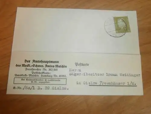 Staatliche Abteilung Amt Malchin i. Mecklenburg , 1932 , Büdnerei Gielow , Roman Weidinger , Postkarte !!