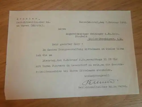 Gerichtsvollzieher Brunier in Waren Müritz , 1932 , Zwangsverwaltung Kittelmann in Gielow , Levenstorf !!