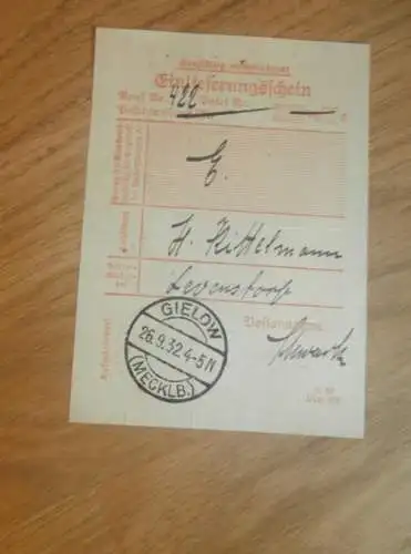 Post-Einlieferungsschein , H. Kittelmann in Levenstorf i. Mecklenburg , 1932 , Post !!!