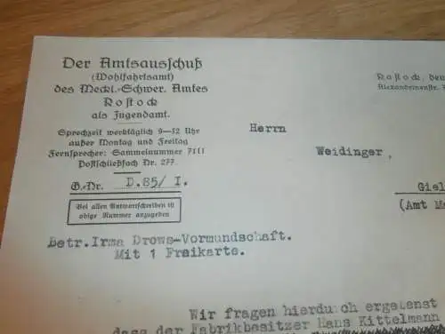 Wohlfahrtsamt Rostock als Jugendamt i. Mecklenburg , 1932 , Kittelmann in Levenstorf , altes Dokument !!!