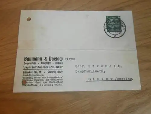 Holzeinfuhr Baumann & Paetow in Schwerin und Wismar i. Mecklenburg , 1938 , altes Dokument !!!
