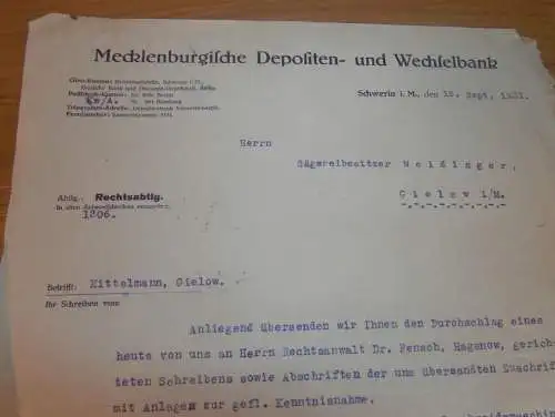 Mecklenburgische Depositen- und Wechselbank , 1931 , Kittelmann in Gielow , Hagenow , Dokument !!!