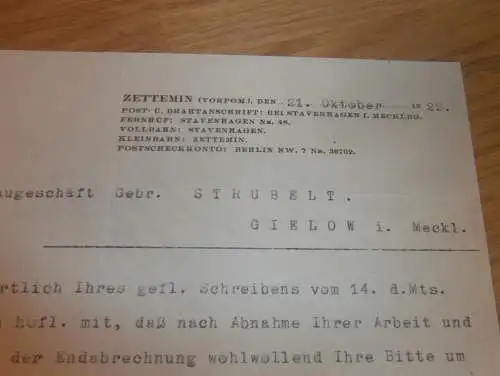 Brief von Graf von Schwerin in Zettemin i. Mecklenburg , 1922 , bei Neubrandenburg , mit Autograph !!