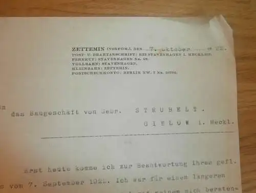 Brief von Graf von Schwerin in Zettemin i. Mecklenburg , 1922 , bei Neubrandenburg , mit Autograph !!