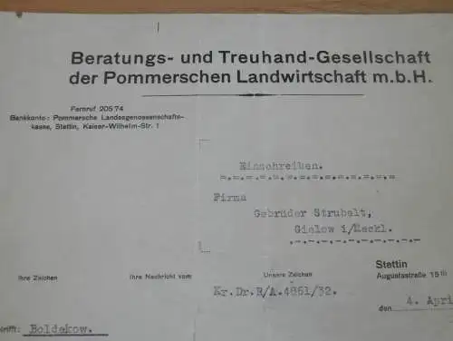Treuhand-Gesellschaft der Pommerschen Landwirtschaft ,1932 , Stettin i. Pommern , Rittergut , Graf von Schwerin Dokument