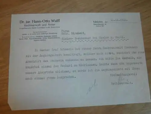 Dr. jur. Hans-Otto Wulff in Malchin i. Mecklenburg , 1932 , Graf von Schwerin in Zettemin , Dokument !!!