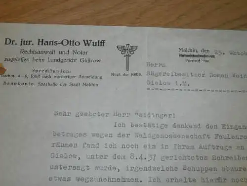 Dr. jur. Hans-Otto Wulff in Malchin i. Mecklenburg , 1937 , Waldgenossenschaft Faulenrost , Forst , Jagd !!!