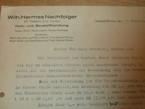 Baustoffhandel Wilhelm Hermes , Friedrich Carl Cordua in Seestadt Wismar 1943 , Gielow , altes Dokument !!!