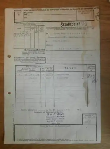 Frachtbrief G.u.P. Voss in Waren a. Müritz , 1937 , Dampfsägewerk in Gielow , mit Stempeln , Eisenbahn , Bahnhof !!!