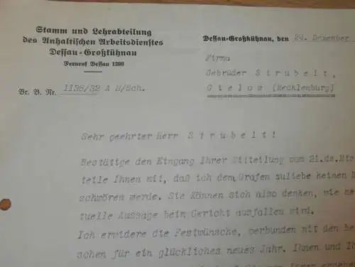 Gruppenführer  - Stamm und Lehrabteilung des anhalt. Arbeitsdienstes Dessau Großkühnau , 1932 , altes Dokument !!!