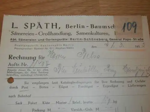 Sämereien-Großhandlung L. Späth in Berlin Baumschulenweg , 1933 , Samen , alte Rechnung !!!