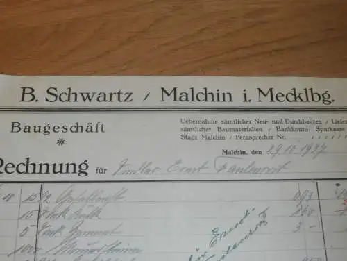 Baugeschäft Hermann Schwartz in Malchin i. Mecklenburg , 1937 , Bau , Gielow , alte Rechnung !!!