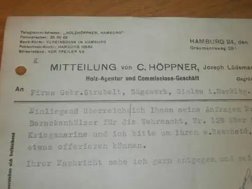 Barackenhölzer für Wehrmacht , Holzagentur C. Höppner in Hamburg , 1942 , Sägewerk Gielow, alte Rechnung !!!