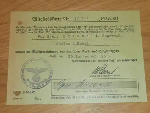 Mitgliedskarte Forst- und Holzwirtschaft 1937 , Sägewerk Gielow , Ausweis , altes Dokument !!!
