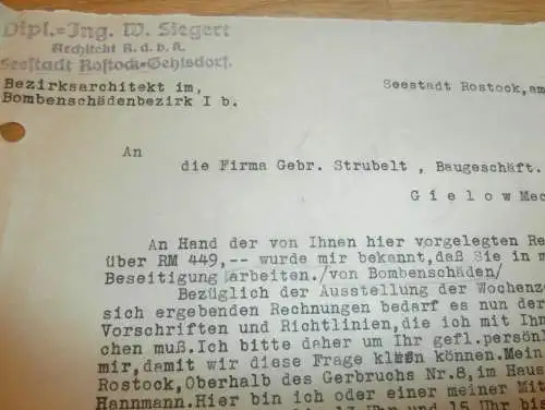 Bombenschäden Rostock , 1942 , Architekt R.d.b.K. Seestadt Rostock-Gehlsdorf , Gielow , altes Dokument !!!