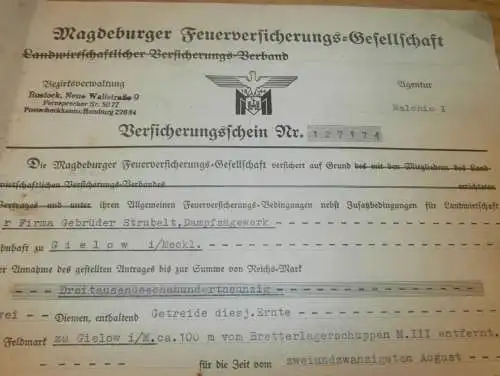 Magdeburger Feuerversicherung , 1944 , Dampfsägewerk Strubelt in Gielow , Versicherung , altes Dokument !!!