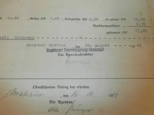 Magdeburger Feuerversicherung , 1944 , Dampfsägewerk Strubelt in Gielow , Versicherung , altes Dokument !!!
