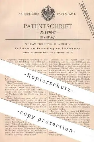 original Patent - William Philippsthal , Berlin | 1899 | Glühkörper - Herstellung | Glühlampe , Licht , Lampe | Benzin