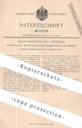 original Patent - N. Bauernfreund , München | 1898 | Verzierung von Zinn mit Emaille | Email , Metall , Löthen