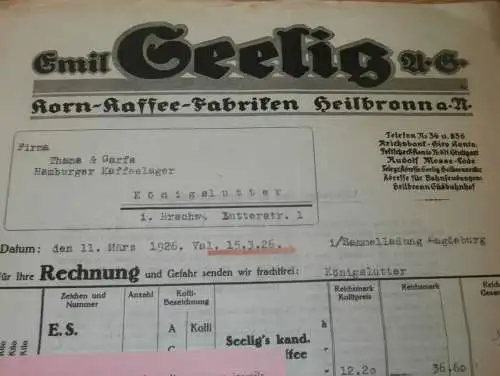 Korn-Kaffee-Fabrik Emil Seelig in Heilbronn , 1926 , Königslutter , alte Rechnung !!!