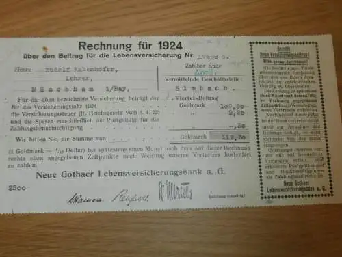 Rudolf Rabenhofer in Münchham b. Ering , 1924 , Versicherung , Simbach , Gothaer , alte Rechnung !!!