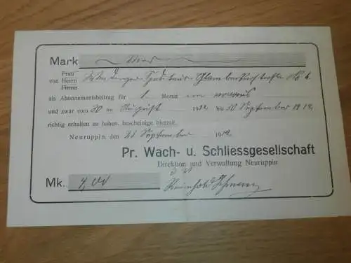 Wach- und Schliessgesellschaft Neuruppin , 1912 , alte Rechnung !!!