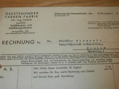Farbenfabrik Wesermünde - Geestemünde , 1932 , Aug. Seebeck , Schiffsfarben , Gielow , alte Rechnung !!!