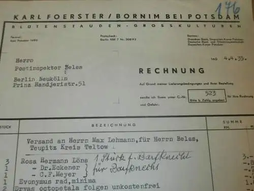 Pflanzen , Bütenstauden Karl Foerster in Bornim b. Potsdam , 1935 , alte Rechnung !!!