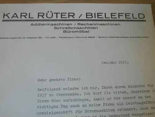 Rechenmaschinen Karl Rüter in Bielefeld , 1937, Schreibmaschinen , alte Rechnung !!!