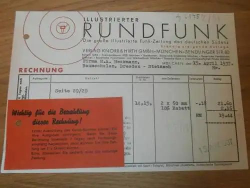 Illustrierter Rundfunk , 1937 , Knorr & Hirth , Baumschule Heckmann in Dresden Stetzsch , alte Rechnung !!!