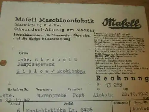 Mafell Maschinenfabrik in Oberndorf - Aistaig a. Neckar , 1942 , Gielow , alte Rechnung !!!